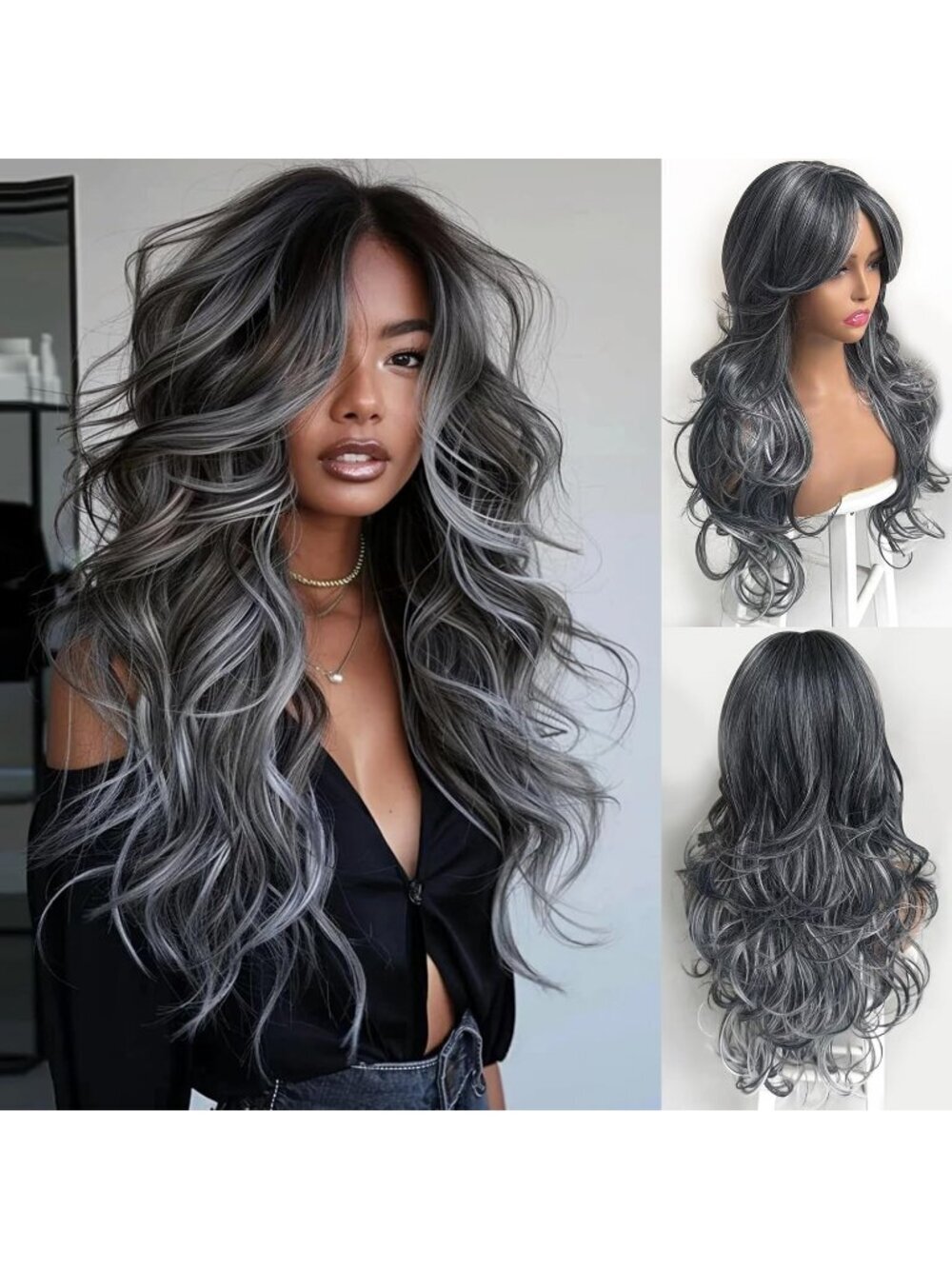 Women's Dark Grey Long Blonde Wavy Synthetic Platinum Layered Classic Wigs